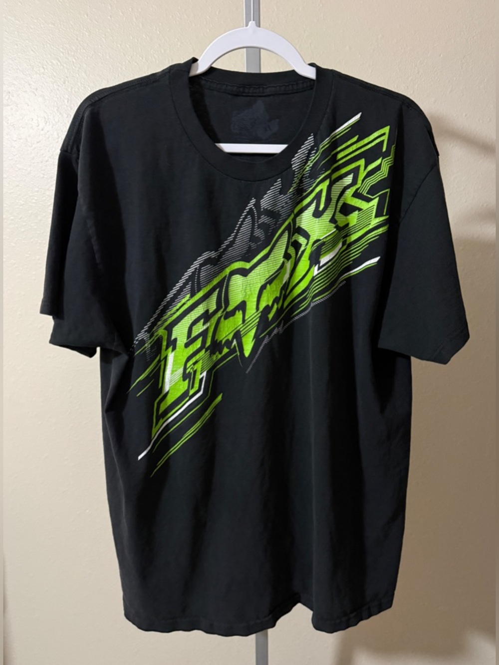Fox Racing Men’s Black Short-Sleeve Tee with Neon Green Diagonal Logo, Size XL